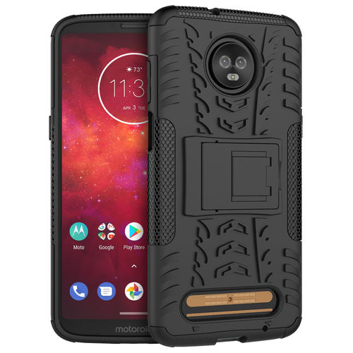 Dual Layer Rugged Tough Case & Stand for Motorola Moto Z3 Play - Black